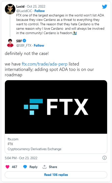 توییت بنیان گذار صرافی FTX و خبر از لیست شدن آدا کاردانو